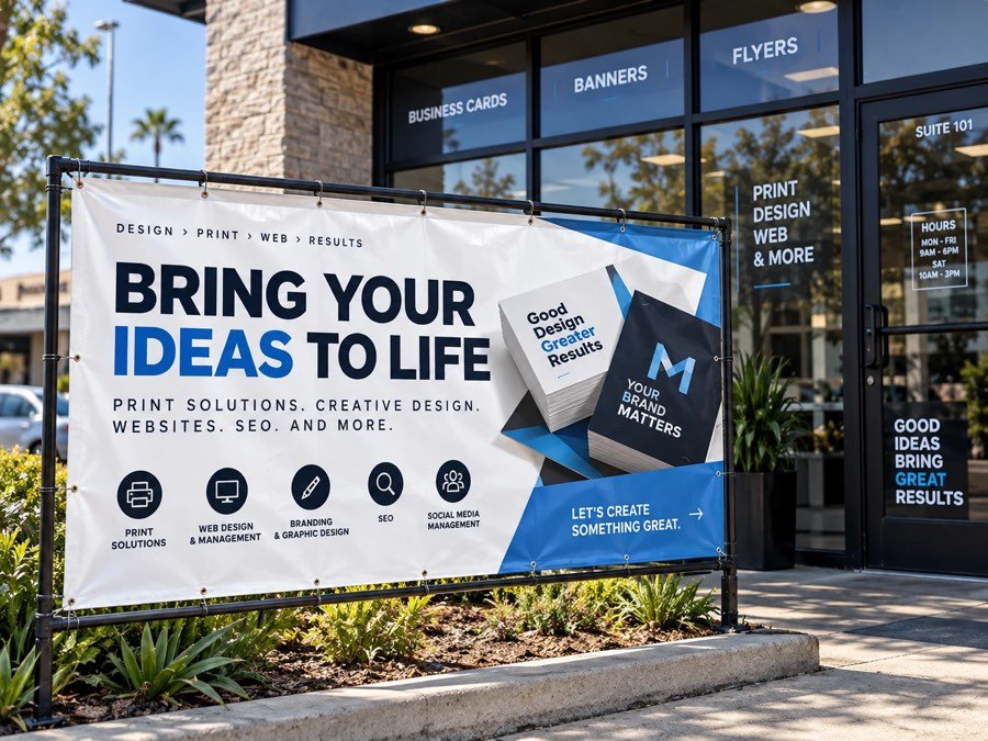 Outdoor storefront banner advertising print, web, and design services