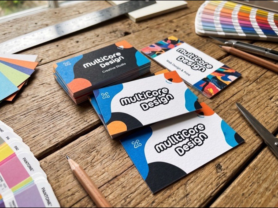 MultiCoreDesign business cards on a wooden desk with color swatches