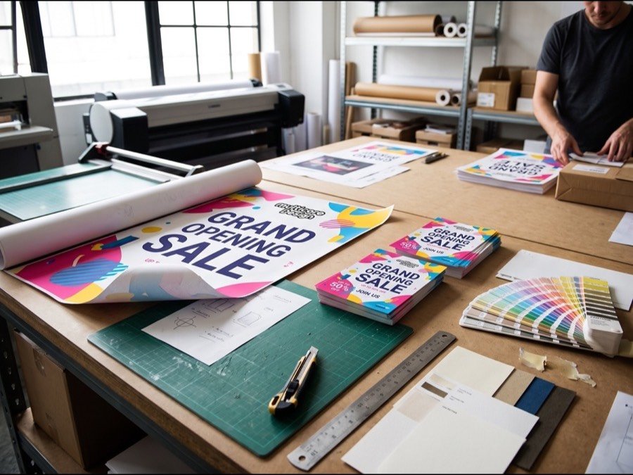 Grand opening sale flyers and a rolled poster on a print shop table