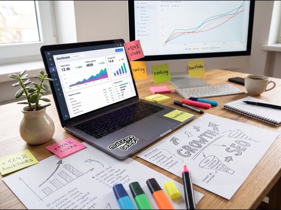 Laptop with a MultiCoreDesign sticker showing an SEO dashboard, surrounded by sticky notes and hand-drawn growth sketches