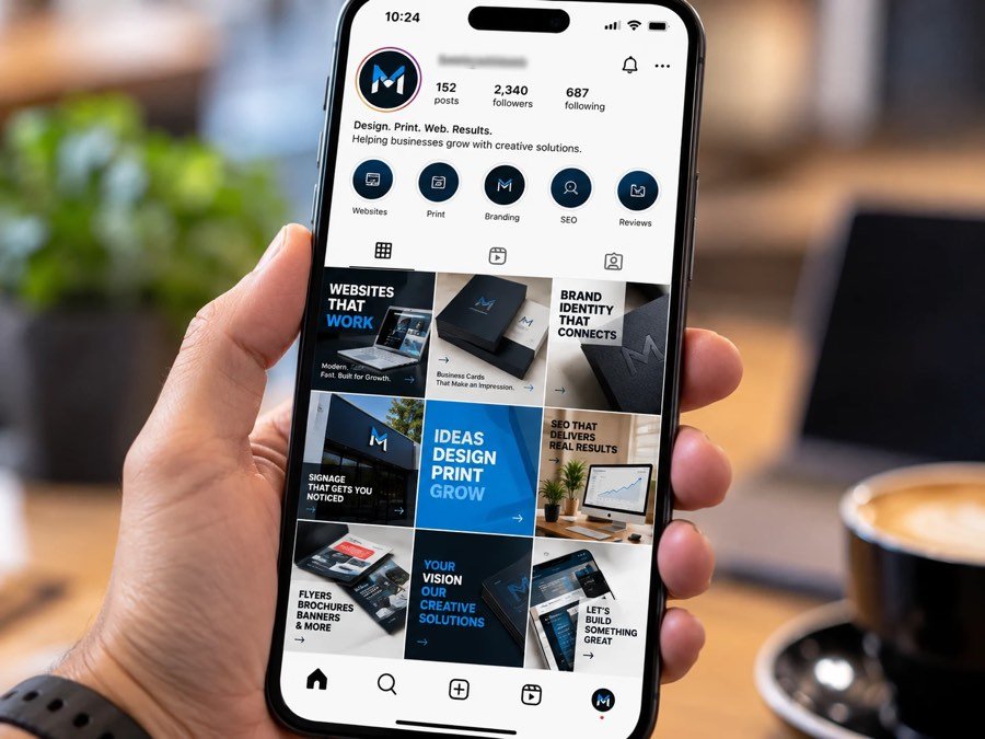 Smartphone displaying a branded Instagram grid of posts about web, print, and design services