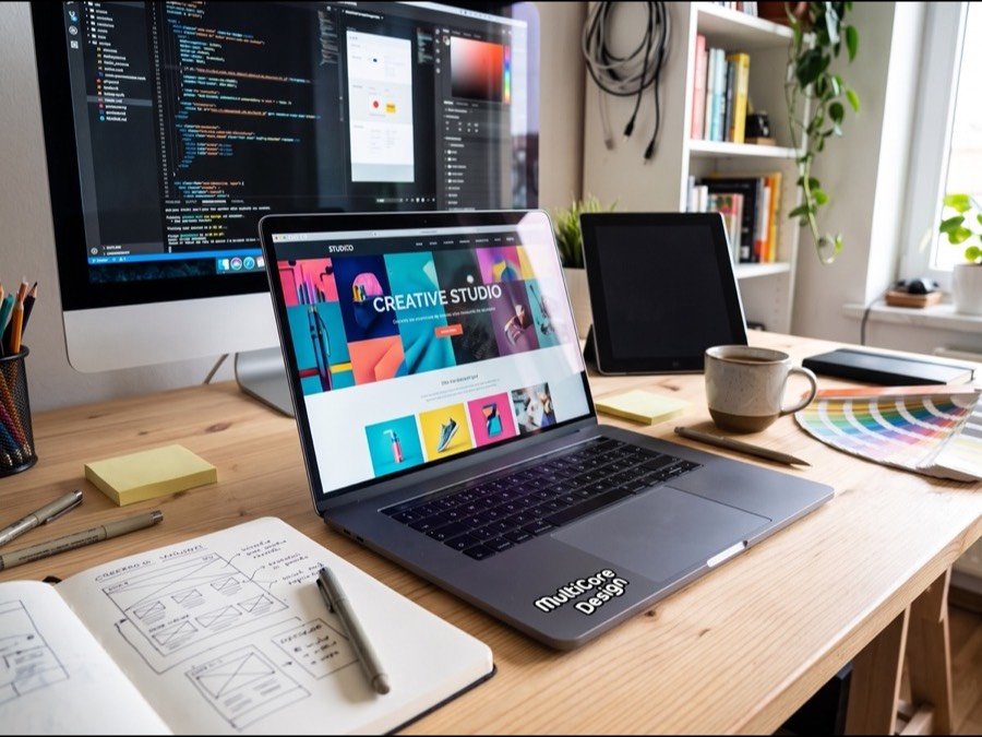 Laptop on a desk showing a website mockup, with a MultiCoreDesign sticker on the lid